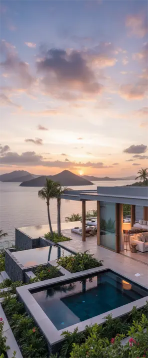 Vista vertical del hotel donde se muestra la piscina y vistas al mar