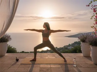 Sesión de yoga frente al mar en la terraza