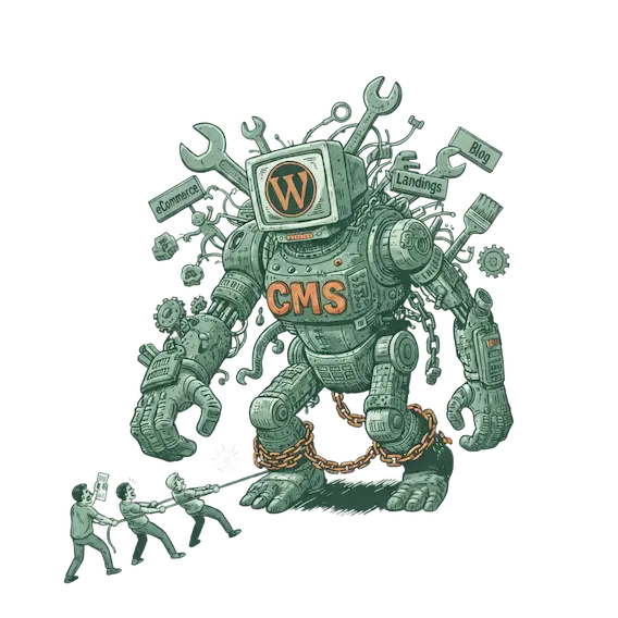Ilustración de un robot CMS representando las limitaciones de las soluciones genéricas